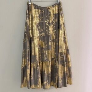 Alembika Gold Metallic Foil Perforated Tiered Maxi Skirt Grey Women Size 4